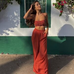 ensemble pantalon terracotta femme crop top perlé